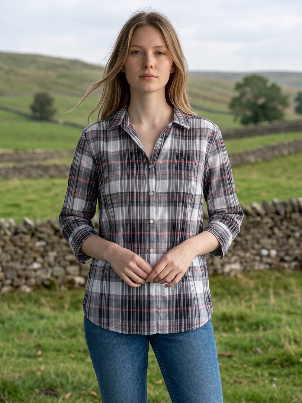 NWT New Preswick & Moore Gray Plaid Button-Down Cotton Shirt Size L